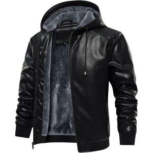 Brand New Men's Black Polyester Sherpa Lined Hooded Bomber Motorcycle Jacket